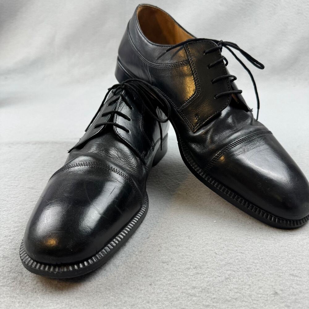 Vtg 12 M Adolfo Made In Italy Black Leather Cap Toe Oxford Shoes Mens Dress Shoe